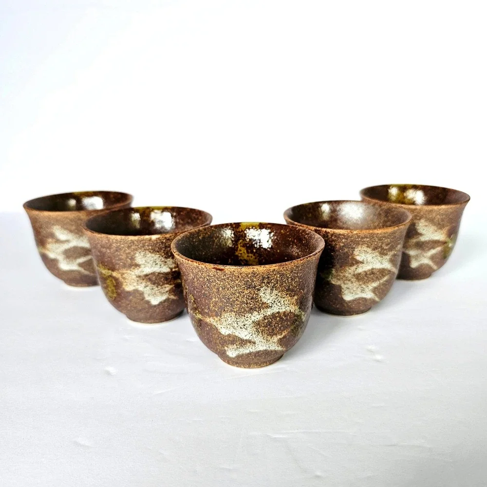 Vtg Japanese Style Tea Cup Set 5 Brown Speckled Pottery Wabi Sabi Rustic Earthy